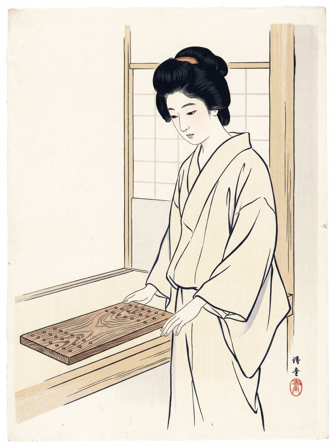 Sumi-e ink wash illustration from the book: a wooden board with three light arcs above it.